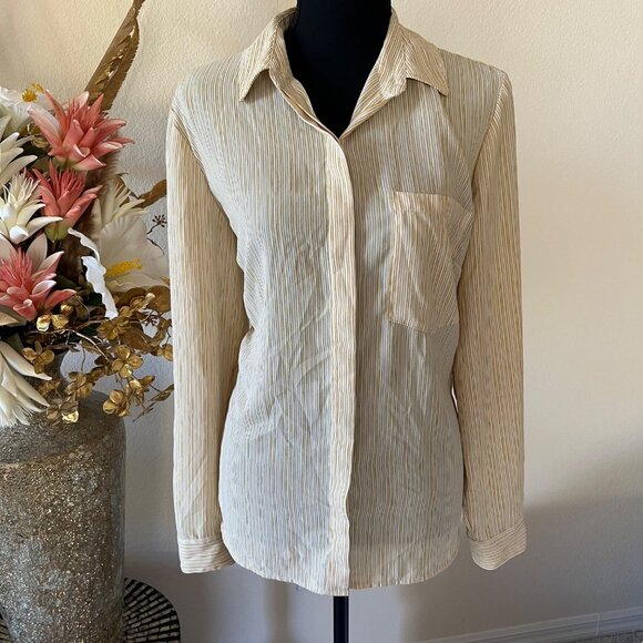 Apt 9 Tops - Yellow & White Striped Hidden Button Semi-Sheer Long Sleeve Career Blouse L